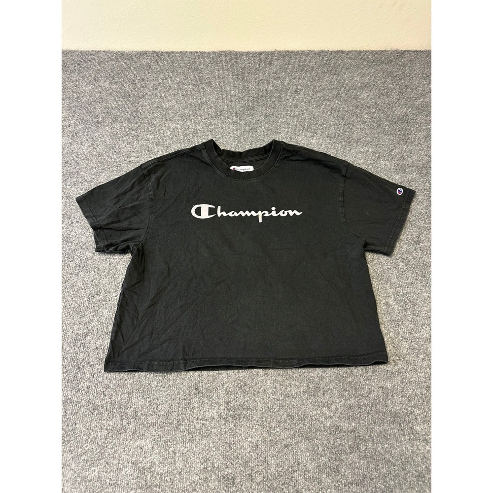 Champion T-Shirt Womens Size L Black Boxy Crop Top Script Logo Athletic Casual